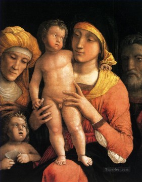  santos pintura - La sagrada familia con los santos Isabel y el niño Juan Bautista pintor renacentista Andrea Mantegna